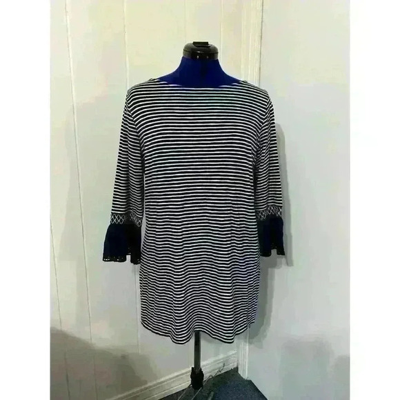 J Jill Cotton Model Navy Striped Smocked Bell Sleeve Tunic Top M Petite Artsy - Picture 1 of 9